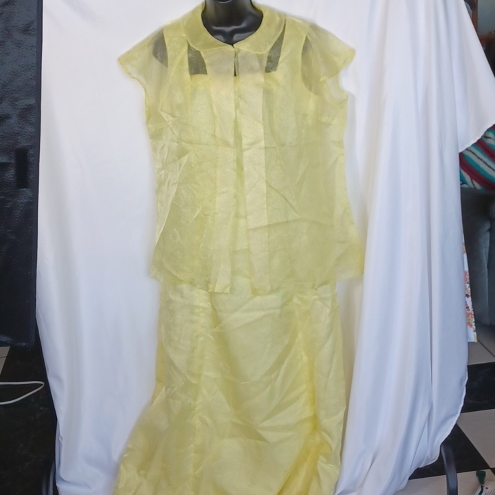 Vintage 70’s Handmade Sleeveless Yellow Daisy Print Maxi Dress w jacket, organza